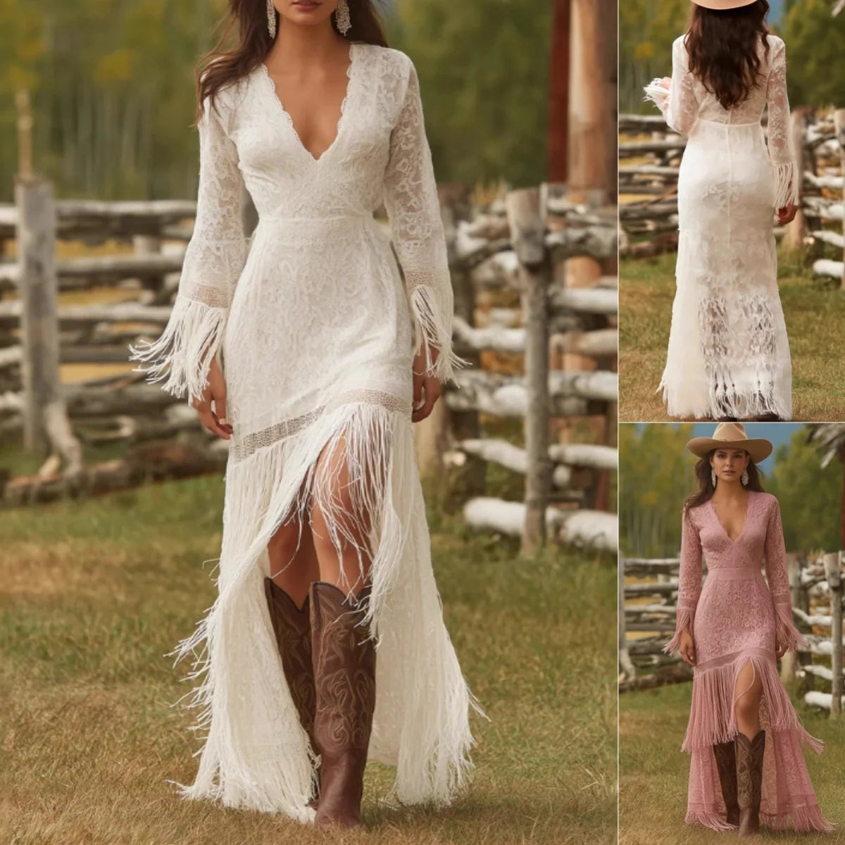 Maxi Dress Lace V-Neck Fringe Three-Quarter Sleeves
