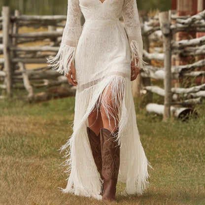 Maxi Dress Lace V-Neck Fringe Three-Quarter Sleeves