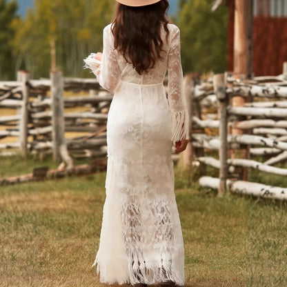 Maxi Dress Lace V-Neck Fringe Three-Quarter Sleeves