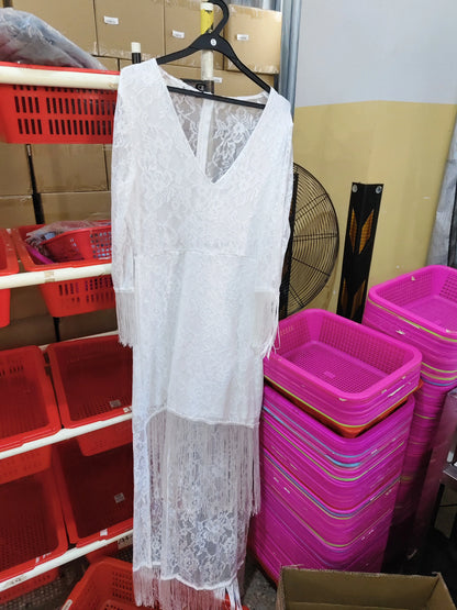Maxi Dress Lace V-Neck Fringe Three-Quarter Sleeves