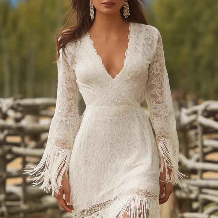 Maxi Dress Lace V-Neck Fringe Three-Quarter Sleeves
