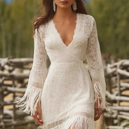 Maxi Dress Lace V-Neck Fringe Three-Quarter Sleeves