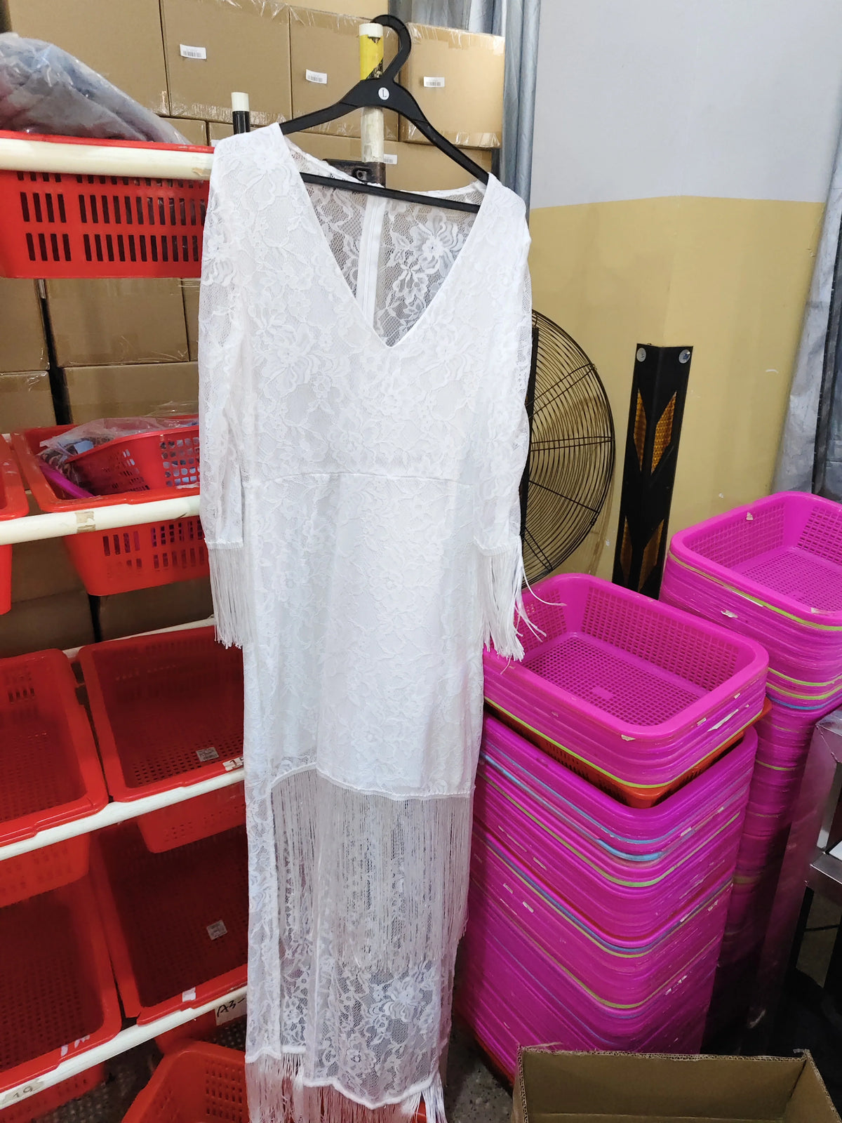 Maxi Dress Lace V-Neck Fringe Three-Quarter Sleeves