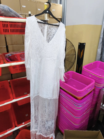 Maxi Dress Lace V-Neck Fringe Three-Quarter Sleeves
