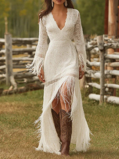 Maxi Dress Lace V-Neck Fringe Three-Quarter Sleeves