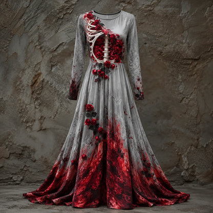 Maxi Dress Skeletal Bodice Rose Accents Long Sleeve