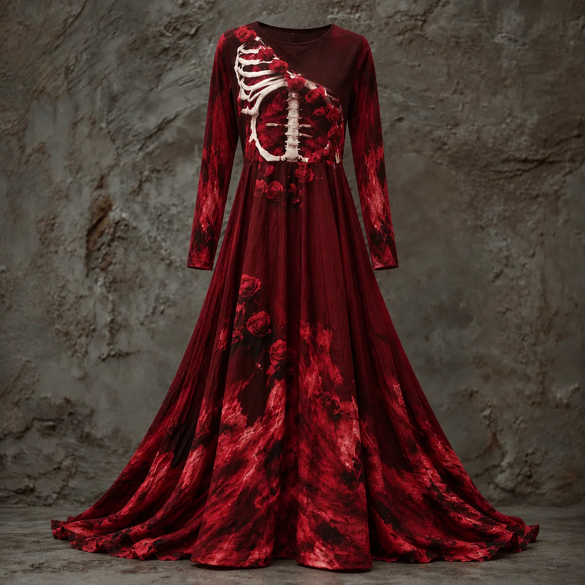 Maxi Dress Skeletal Bodice Rose Accents Long Sleeve