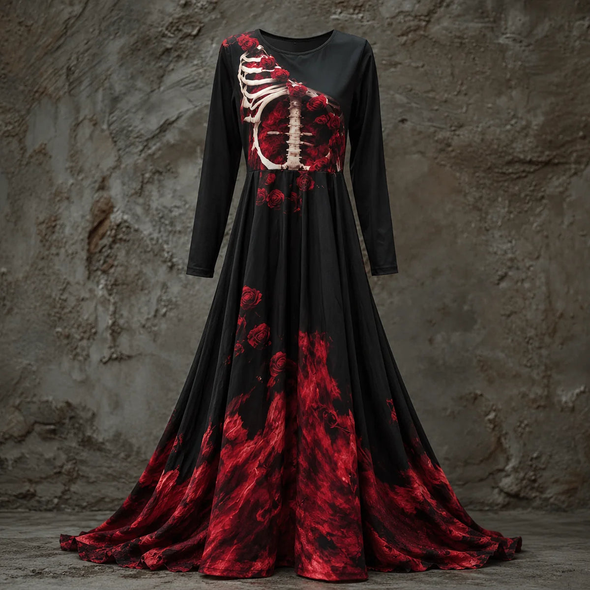 Maxi Dress Skeletal Bodice Rose Accents Long Sleeve