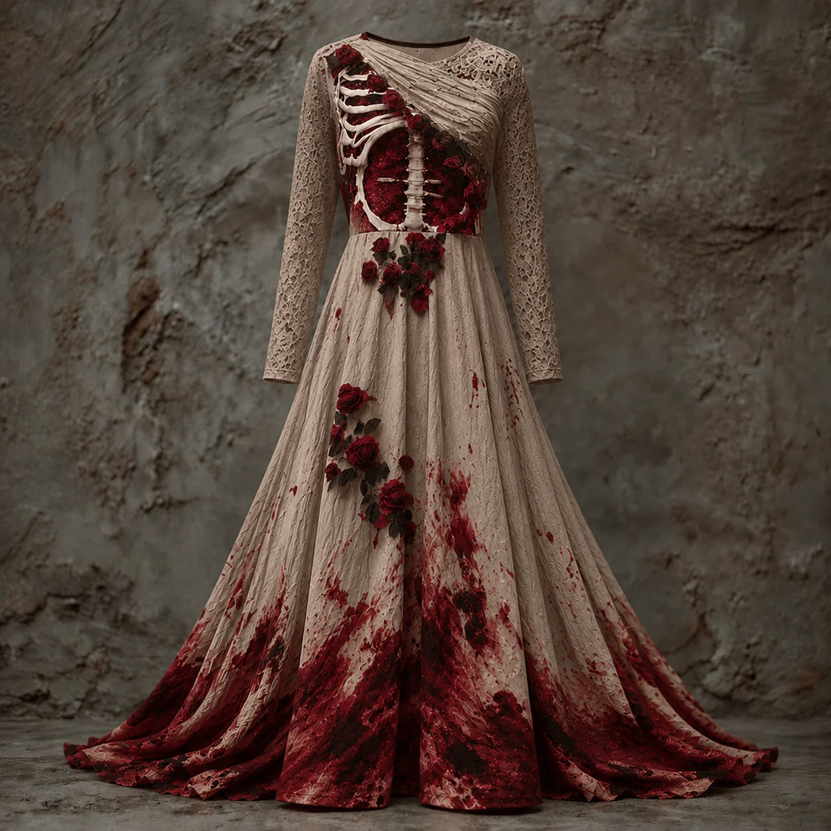Maxi Dress Skeletal Bodice Rose Accents Long Sleeve