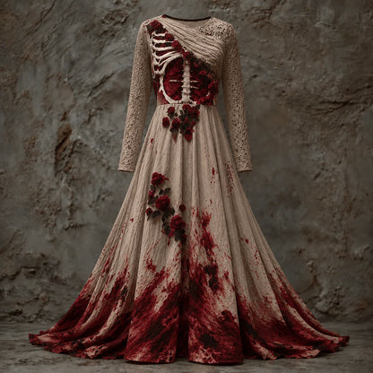 Maxi Dress Skeletal Bodice Rose Accents Long Sleeve