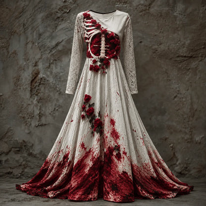 Maxi Dress Skeletal Bodice Rose Accents Long Sleeve
