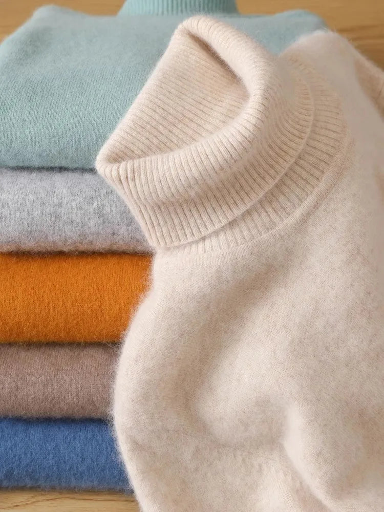 Men’s Cashmere Sweater Cable Knit High Collar Anti-Pilling