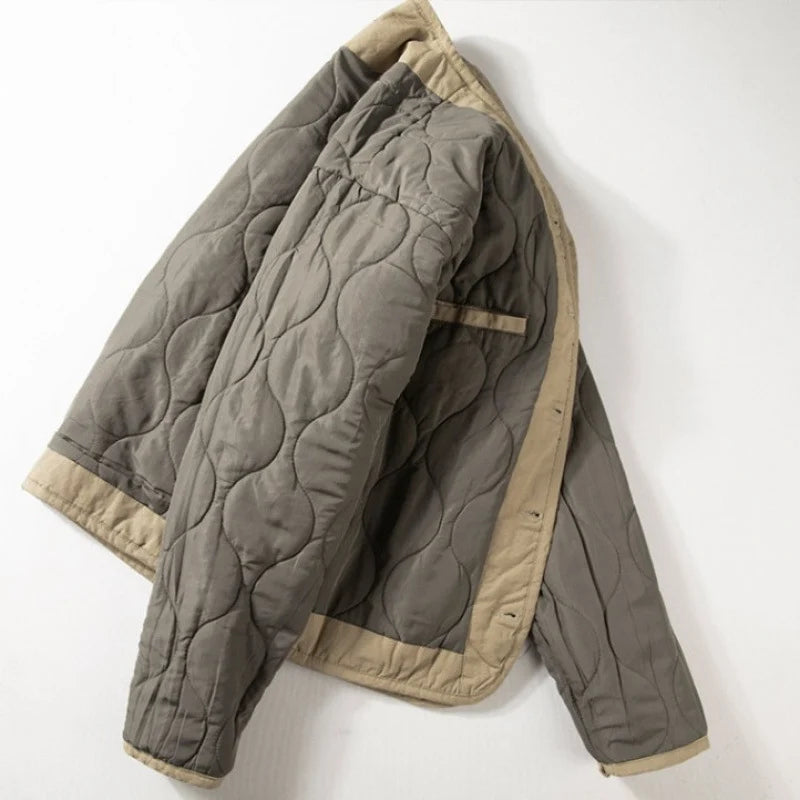 Men’s Jacket Lightweight Quilted Collarless Button Front Patch Pockets
