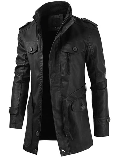 Men’s Long Leather Coat Genuine Leather Regular Fit for Winter