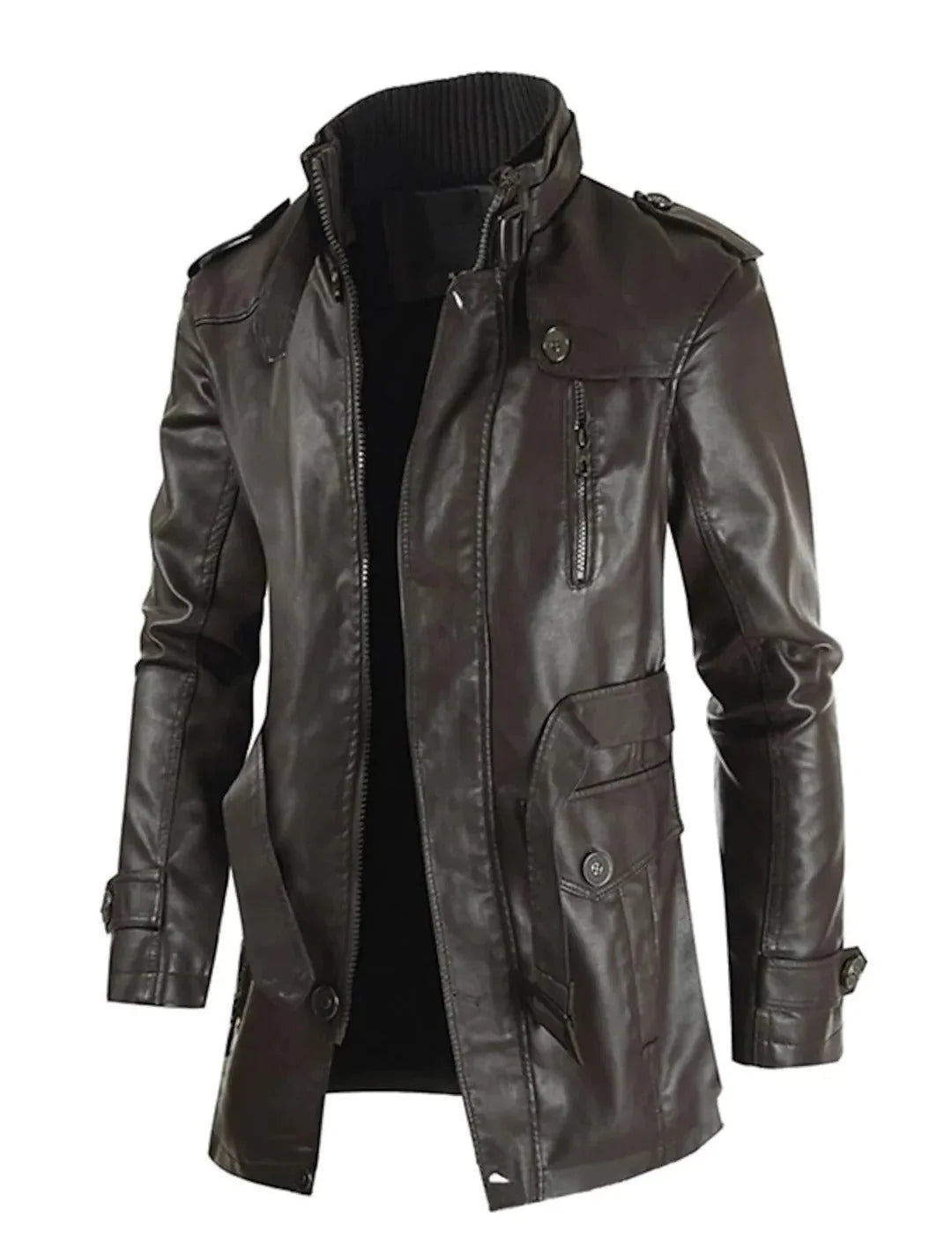 Men’s Long Leather Coat Genuine Leather Regular Fit for Winter