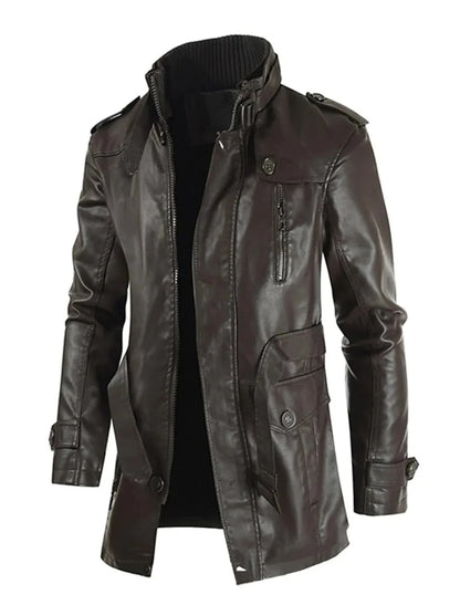 Men’s Long Leather Coat Genuine Leather Regular Fit for Winter