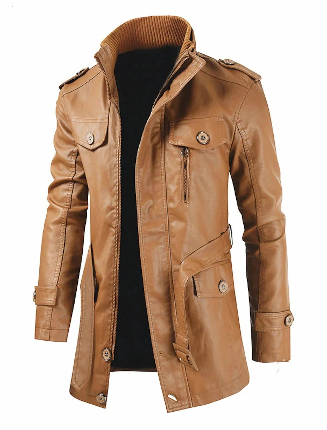 Men’s Long Leather Coat Genuine Leather Regular Fit for Winter