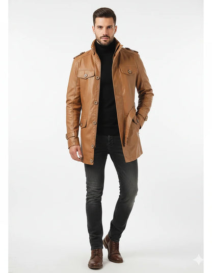 Men’s Long Leather Coat Genuine Leather Regular Fit for Winter