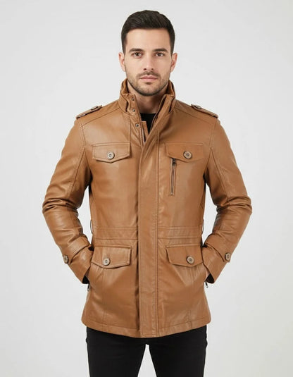 Men’s Long Leather Coat Genuine Leather Regular Fit for Winter