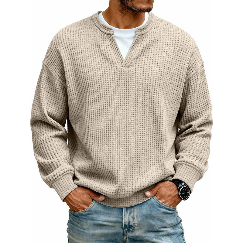 Men’s Long-Sleeve Tee Textured Waffle Mock-Layer Neckline Relaxed Fit