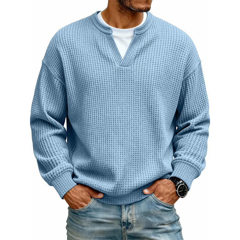 Men’s Long-Sleeve Tee Textured Waffle Mock-Layer Neckline Relaxed Fit