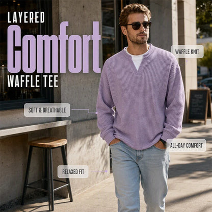 Men’s Long-Sleeve Tee Textured Waffle Mock-Layer Neckline Relaxed Fit
