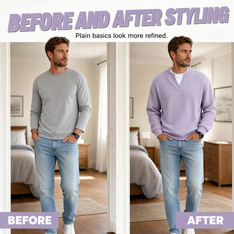 Men’s Long-Sleeve Tee Textured Waffle Mock-Layer Neckline Relaxed Fit
