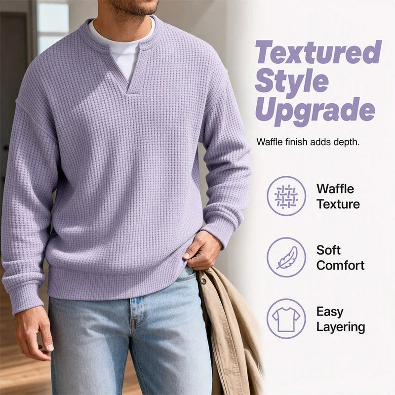Men’s Long-Sleeve Tee Textured Waffle Mock-Layer Neckline Relaxed Fit