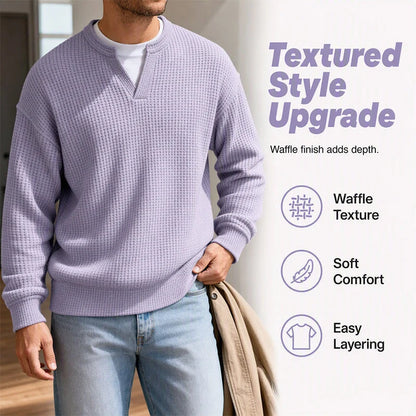 Men’s Long-Sleeve Tee Textured Waffle Mock-Layer Neckline Relaxed Fit