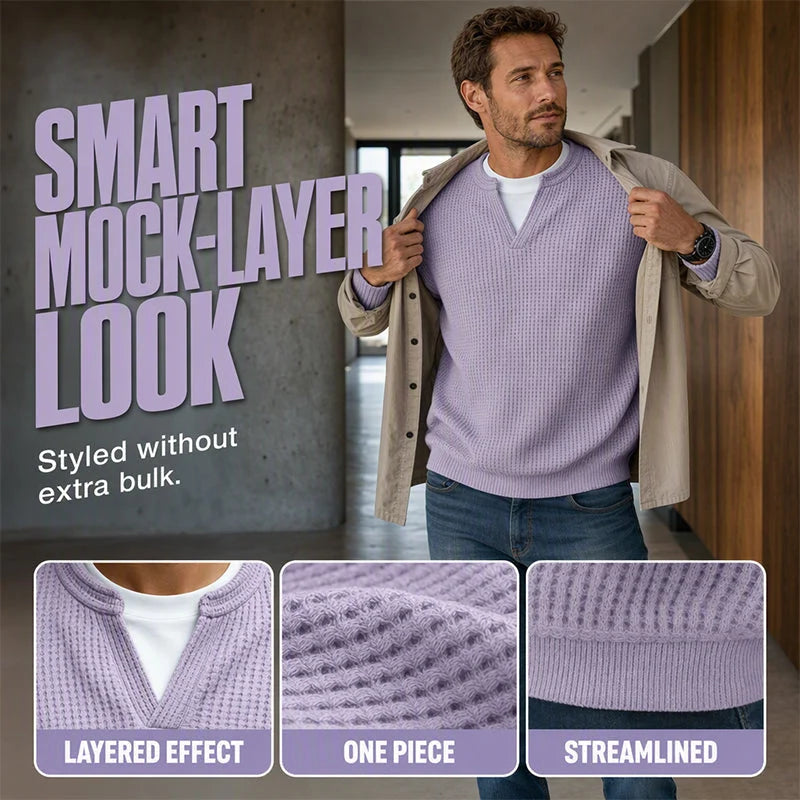 Men’s Long-Sleeve Tee Textured Waffle Mock-Layer Neckline Relaxed Fit