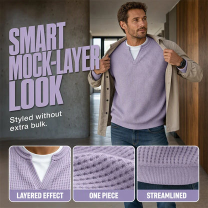 Men’s Long-Sleeve Tee Textured Waffle Mock-Layer Neckline Relaxed Fit