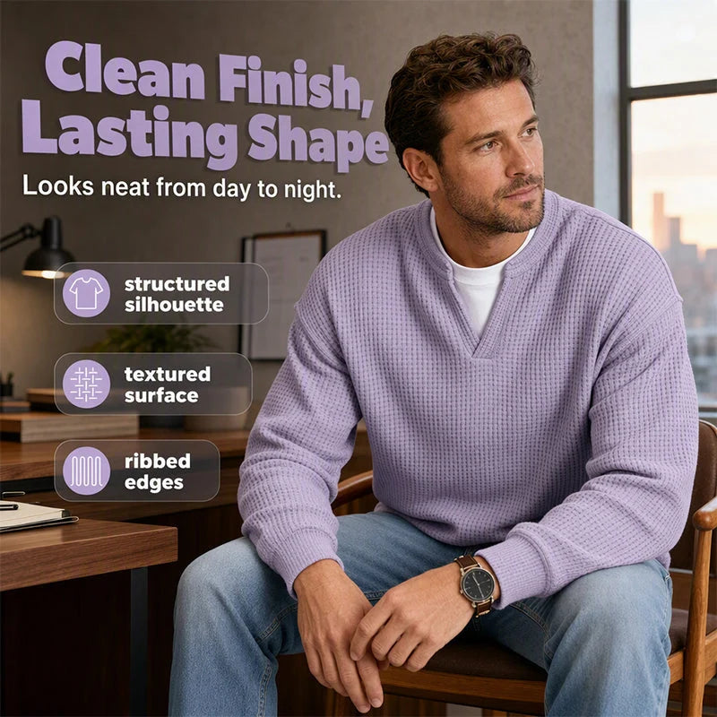 Men’s Long-Sleeve Tee Textured Waffle Mock-Layer Neckline Relaxed Fit