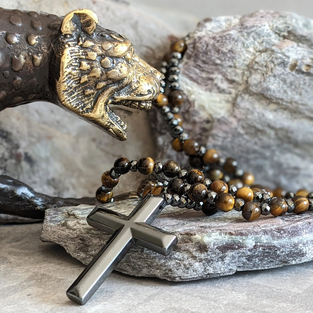 Men's Rosary Necklace with Lapis Lazuli and Tiger Eye – Orion Design
