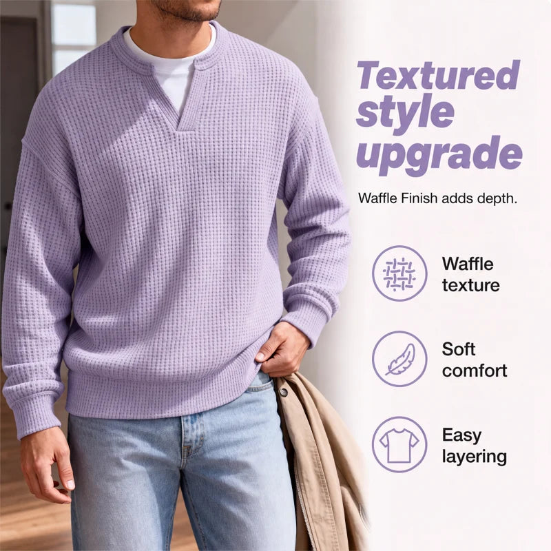 Men’s Sweater Waffle Knit Mock Layer Long Sleeve