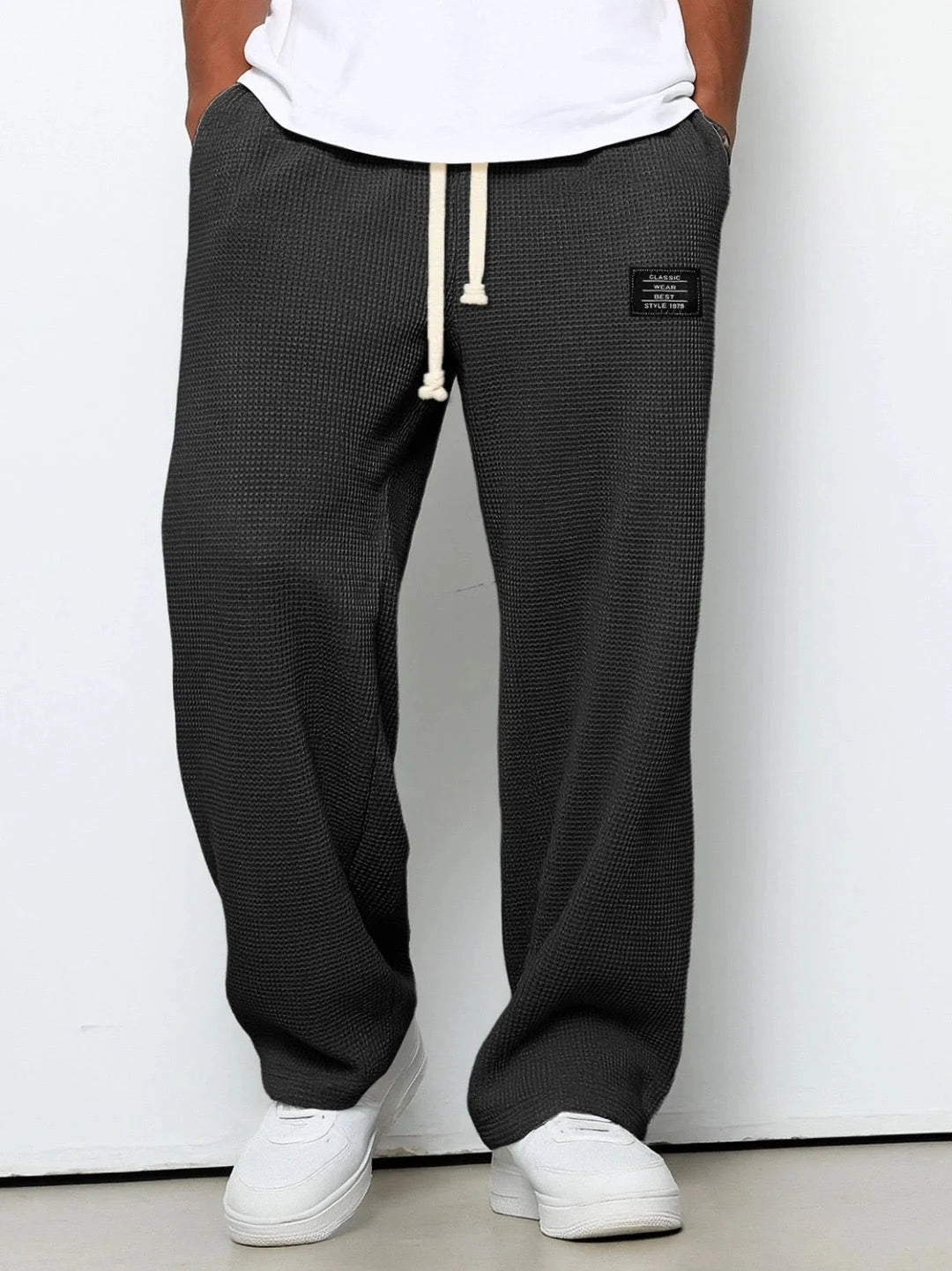 Men’s Trousers Waffle Knit Wide Leg Drawstring Waist