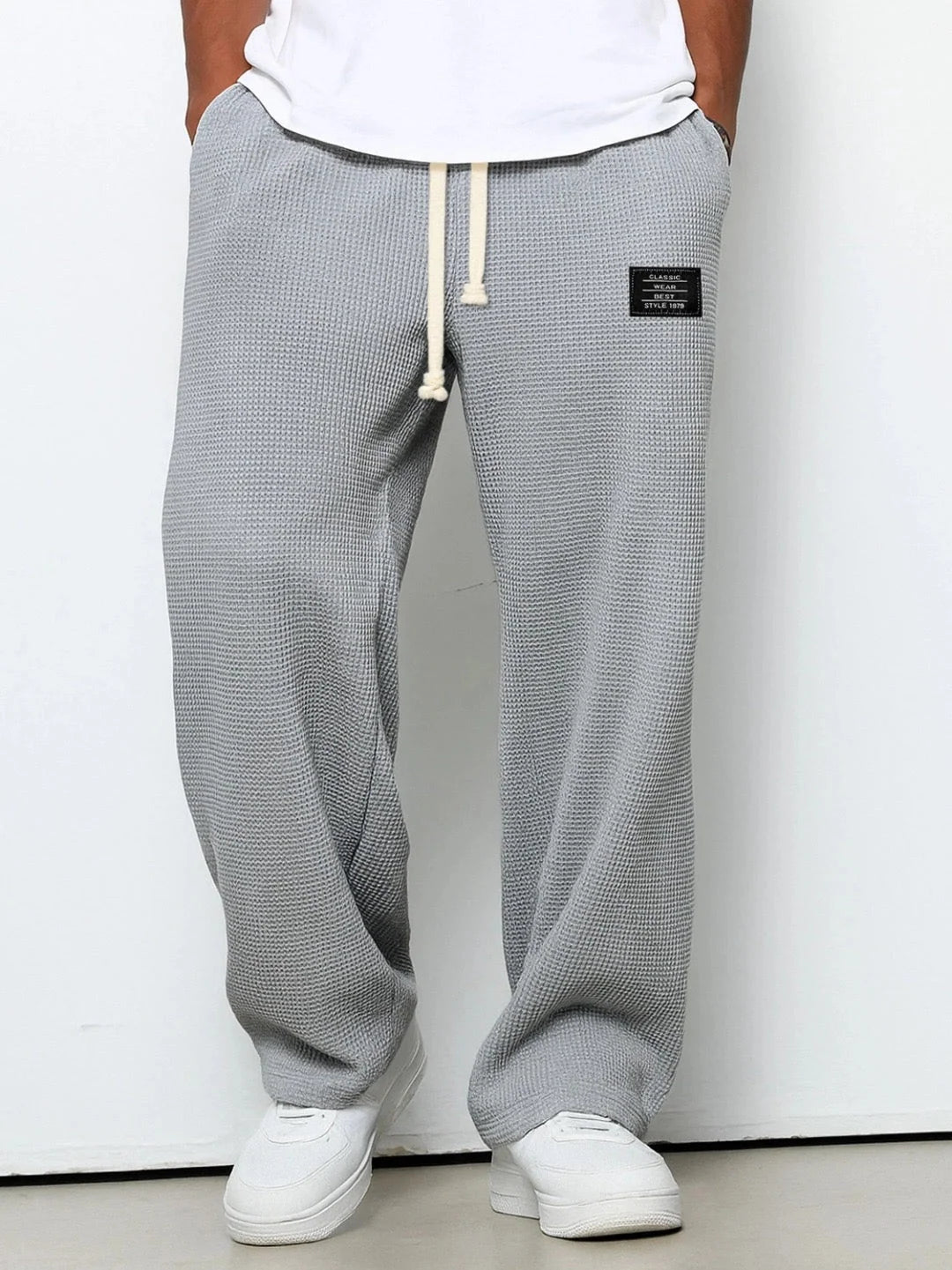 Men’s Trousers Waffle Knit Wide Leg Drawstring Waist