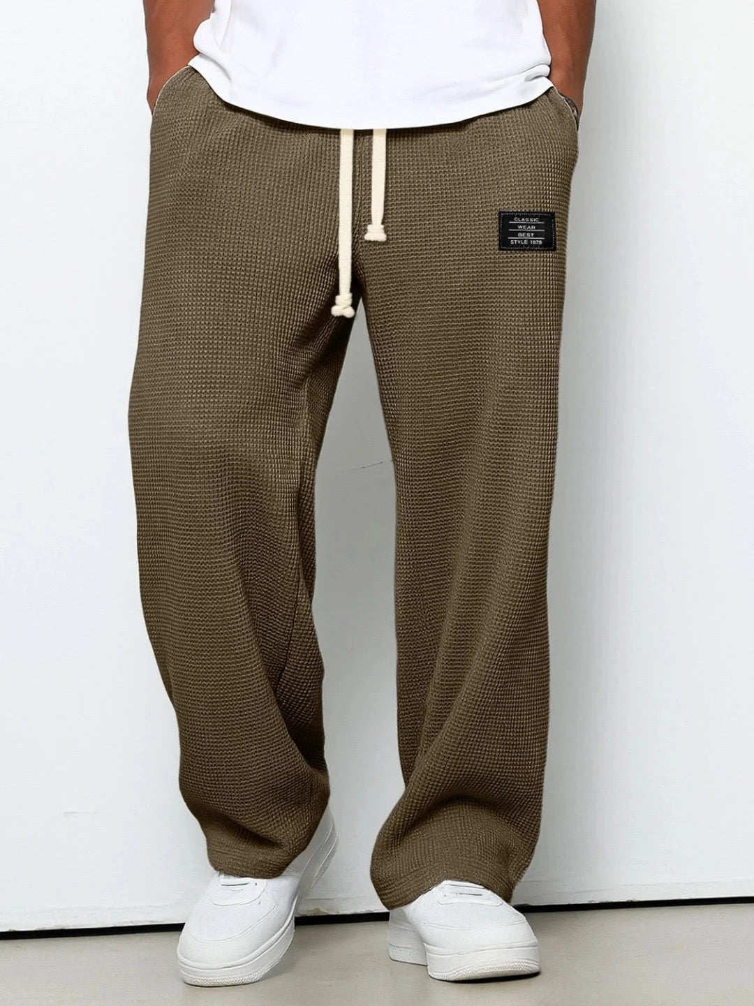 Men’s Trousers Waffle Knit Wide Leg Drawstring Waist