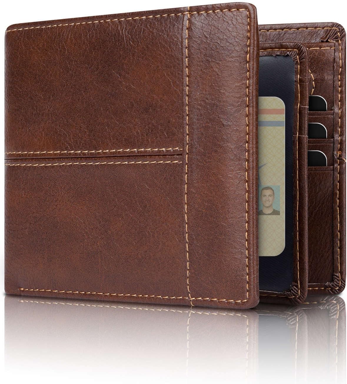Men’s Wallet Genuine Leather Slim Fold RFID-Blocking 10 Card Slots