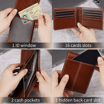 Men’s Wallet Genuine Leather Slim Fold RFID-Blocking 10 Card Slots