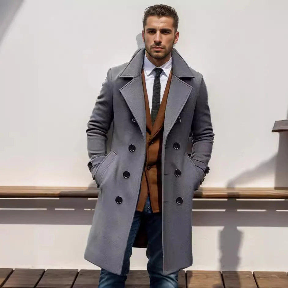 Men’s Wool Blend Coat Double-Breasted Tailored Fit With Pockets