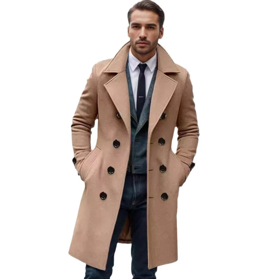Men’s Wool Blend Coat Double-Breasted Tailored Fit With Pockets