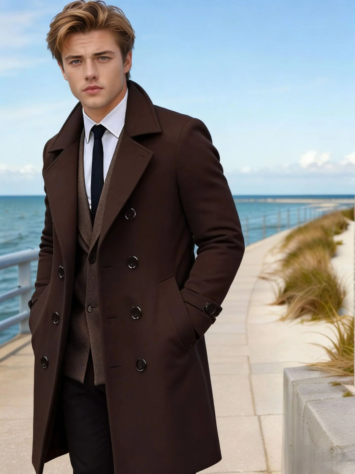 Men’s Wool Blend Coat Double-Breasted Tailored Fit With Pockets