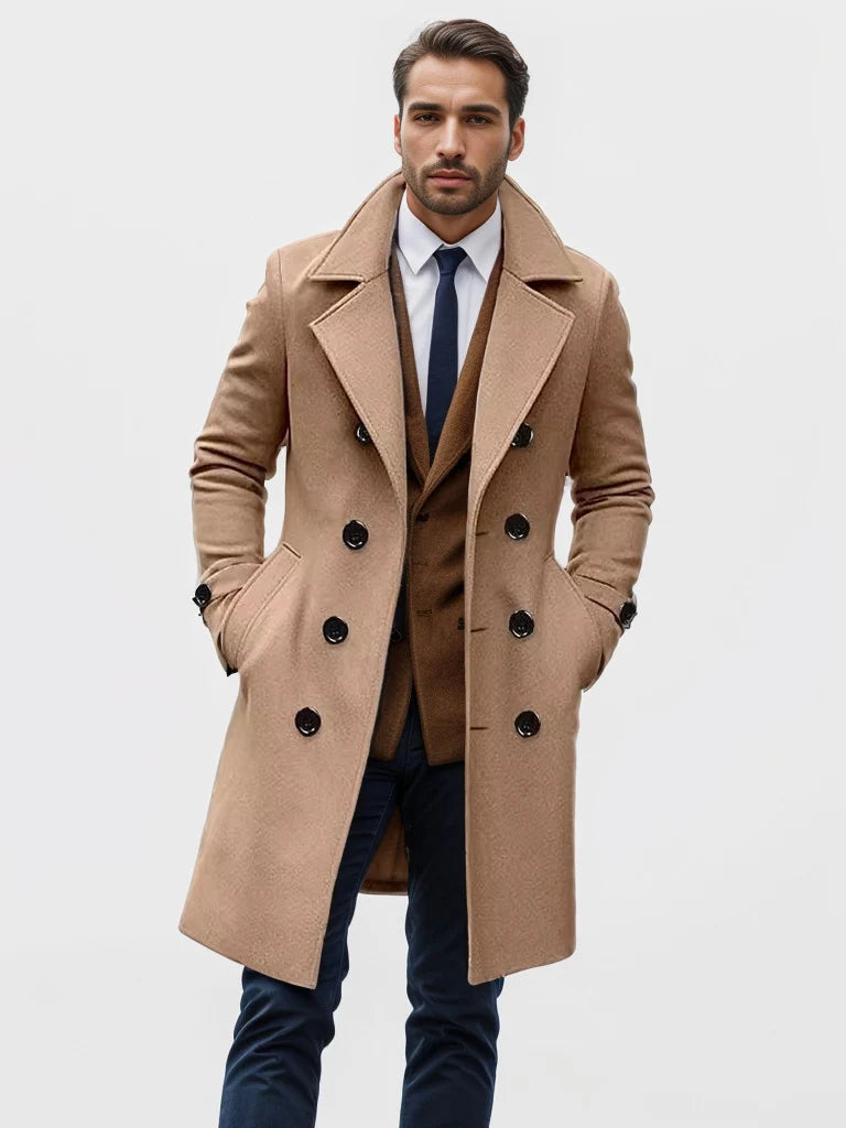 Men’s Wool Blend Coat Double-Breasted Tailored Fit With Pockets