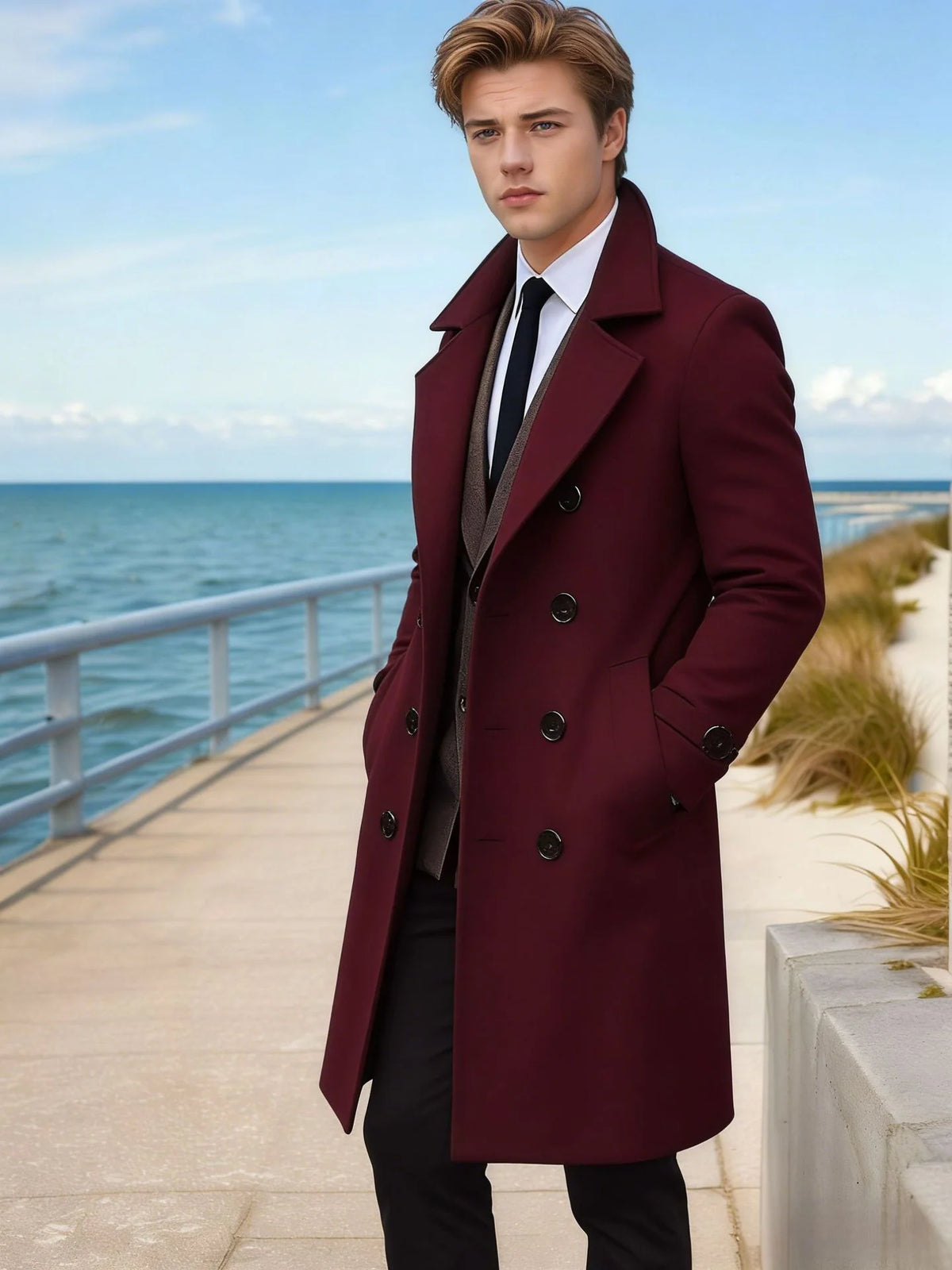 Men’s Wool Blend Coat Double-Breasted Tailored Fit With Pockets