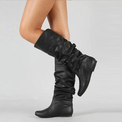 Mid-Calf Boots Leather Pull-On Flat Sole