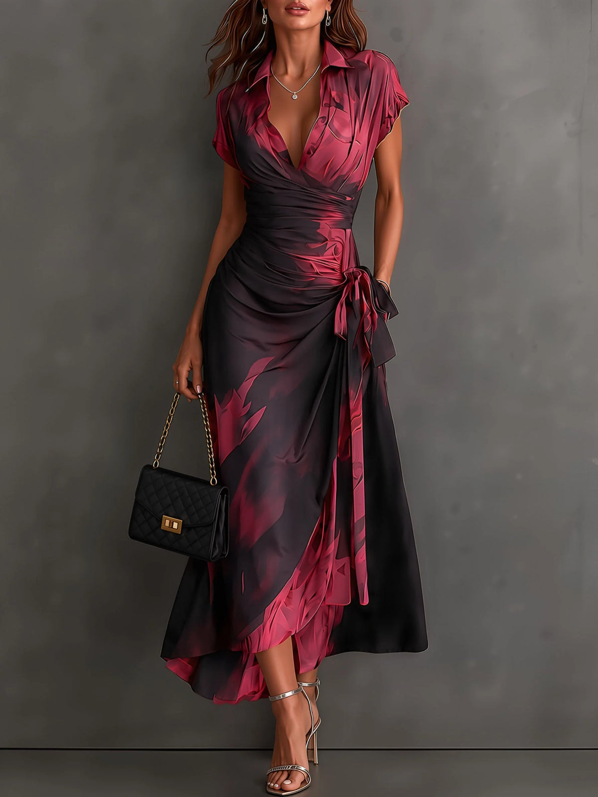Midi Dress Abstract Print Wrap V-Neck Tie Waist