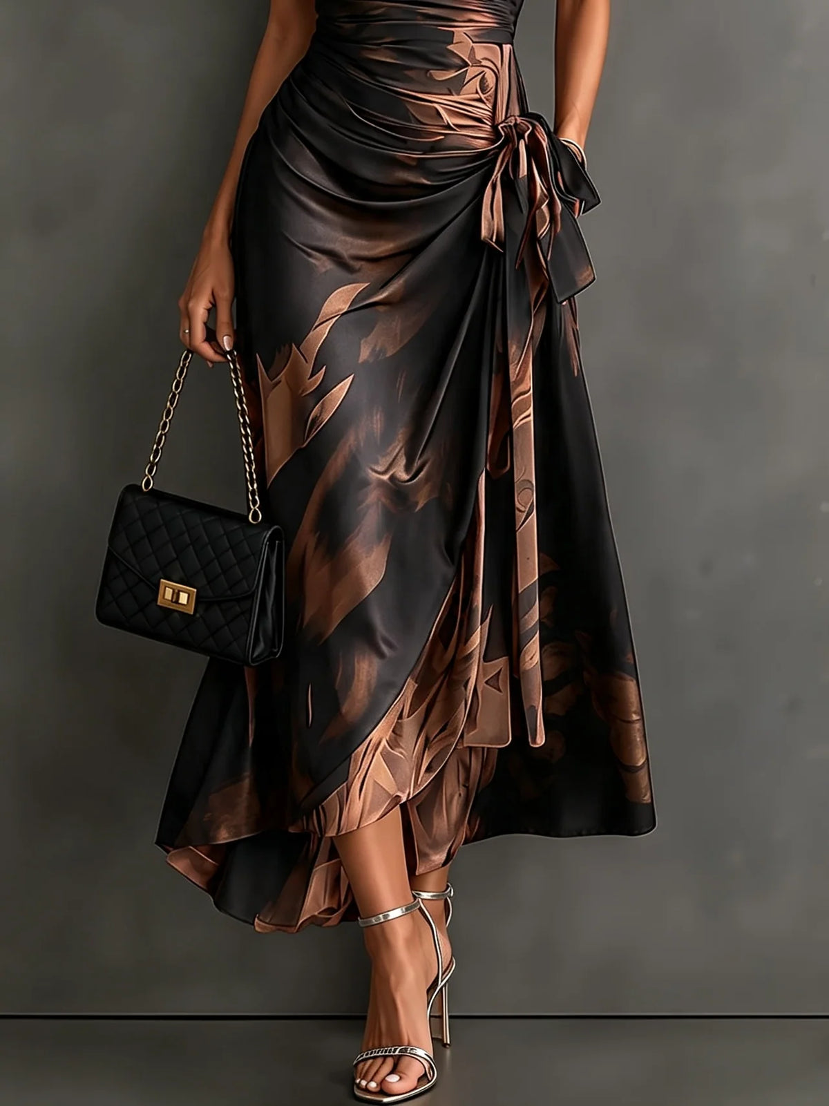 Midi Dress Abstract Print Wrap V-Neck Tie Waist