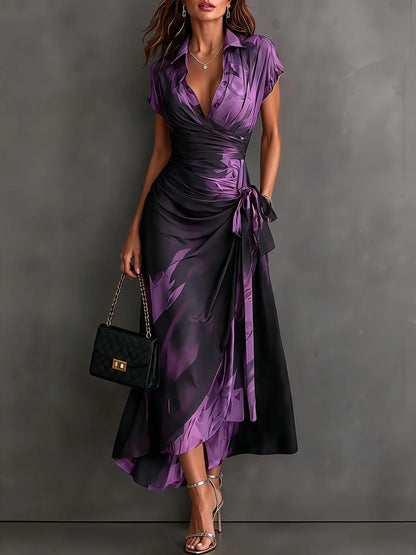 Midi Dress Abstract Print Wrap V-Neck Tie Waist