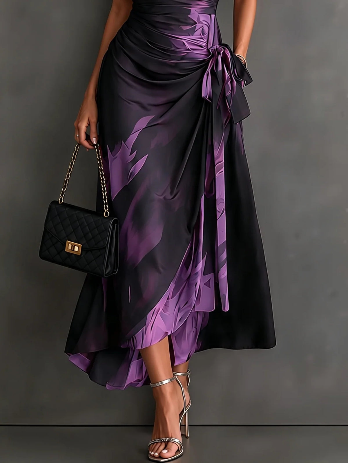 Midi Dress Abstract Print Wrap V-Neck Tie Waist