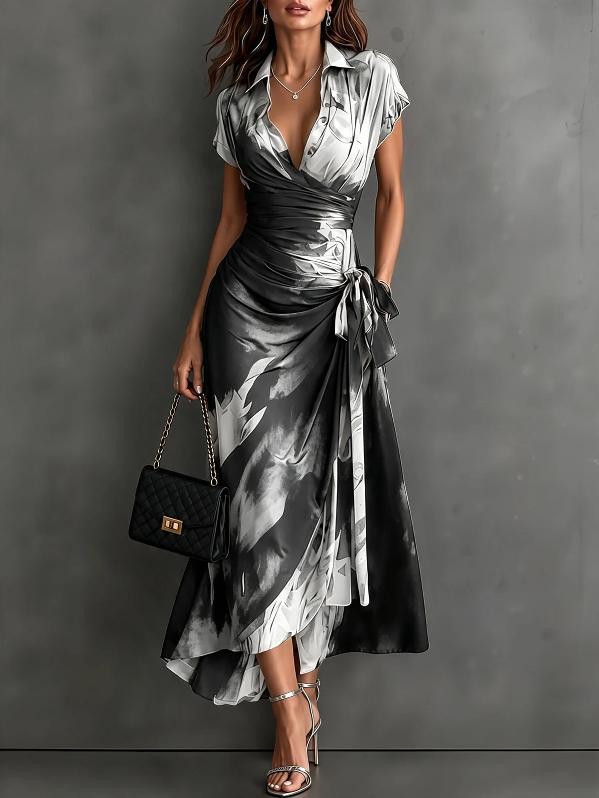 Midi Dress Abstract Print Wrap V-Neck Tie Waist